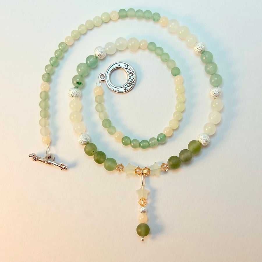 Green Aventurine, New Jade and Swarovski Crystal Necklace With Jade Stars.