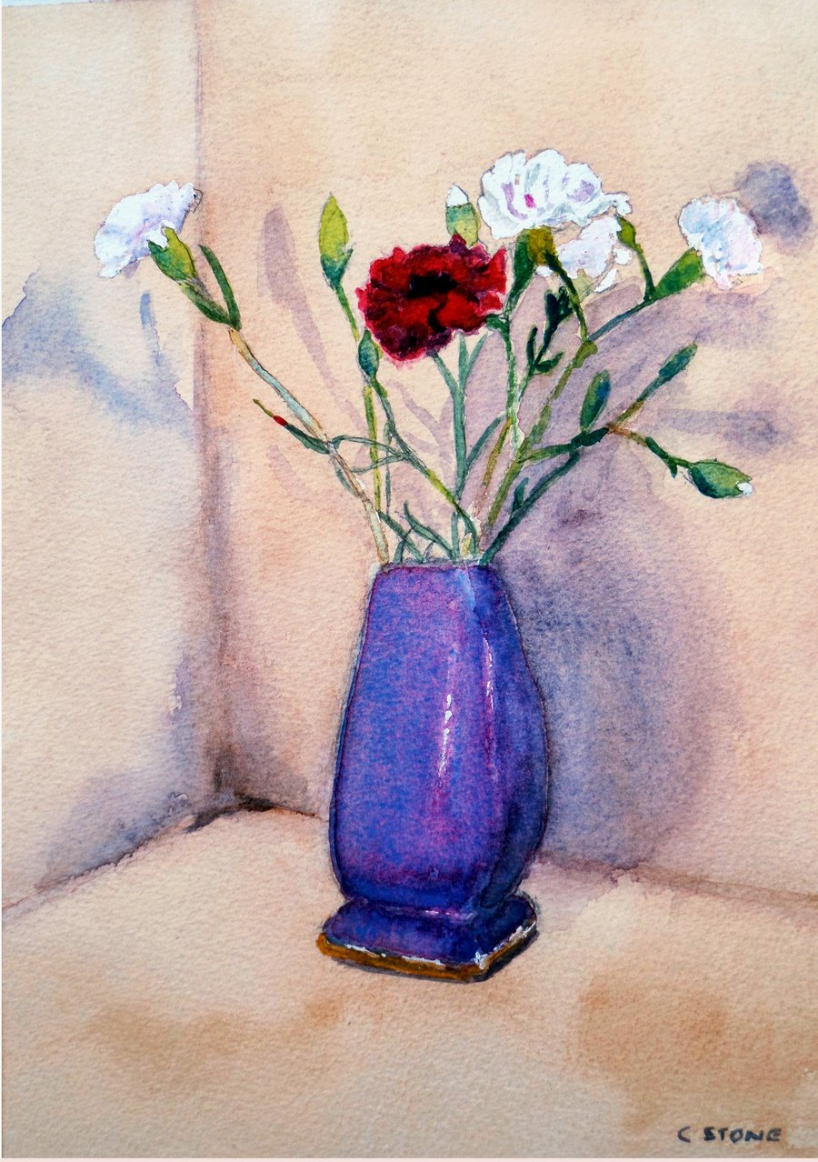 Red white carnations in vase, original watercolour, still life painting flowers