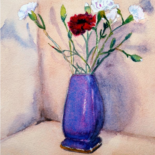Red white carnations in vase, original watercolour, still life painting flowers