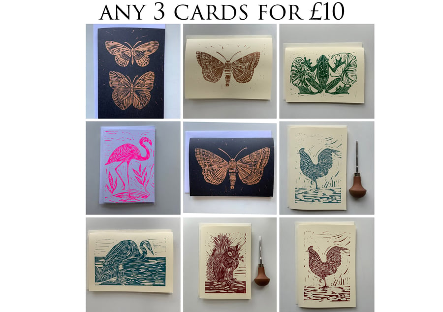 Linocut print card bundle - Any 3 cards - handprinted - mix and match - greeting