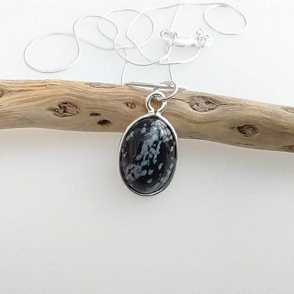 Natural Snowflake Obsidian Silver Mount Necklace