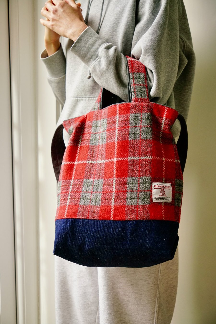 Harris Tweed Patchwork Tote Bag - Wool & Denim Shoulder Bag - Handmade Everyday 