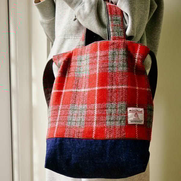 Harris Tweed Patchwork Tote Bag - Wool & Denim Shoulder Bag - Handmade Everyday 