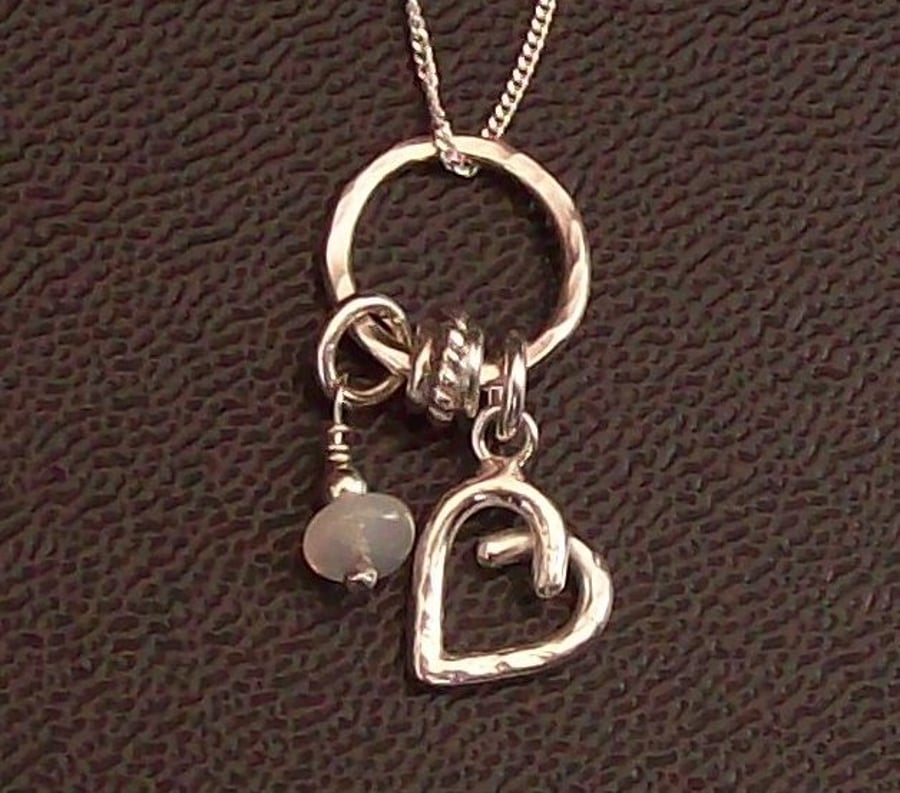 Opal Charm Necklace Sterling Silver, Gemstone , Heart , Birthday, Hallmarked
