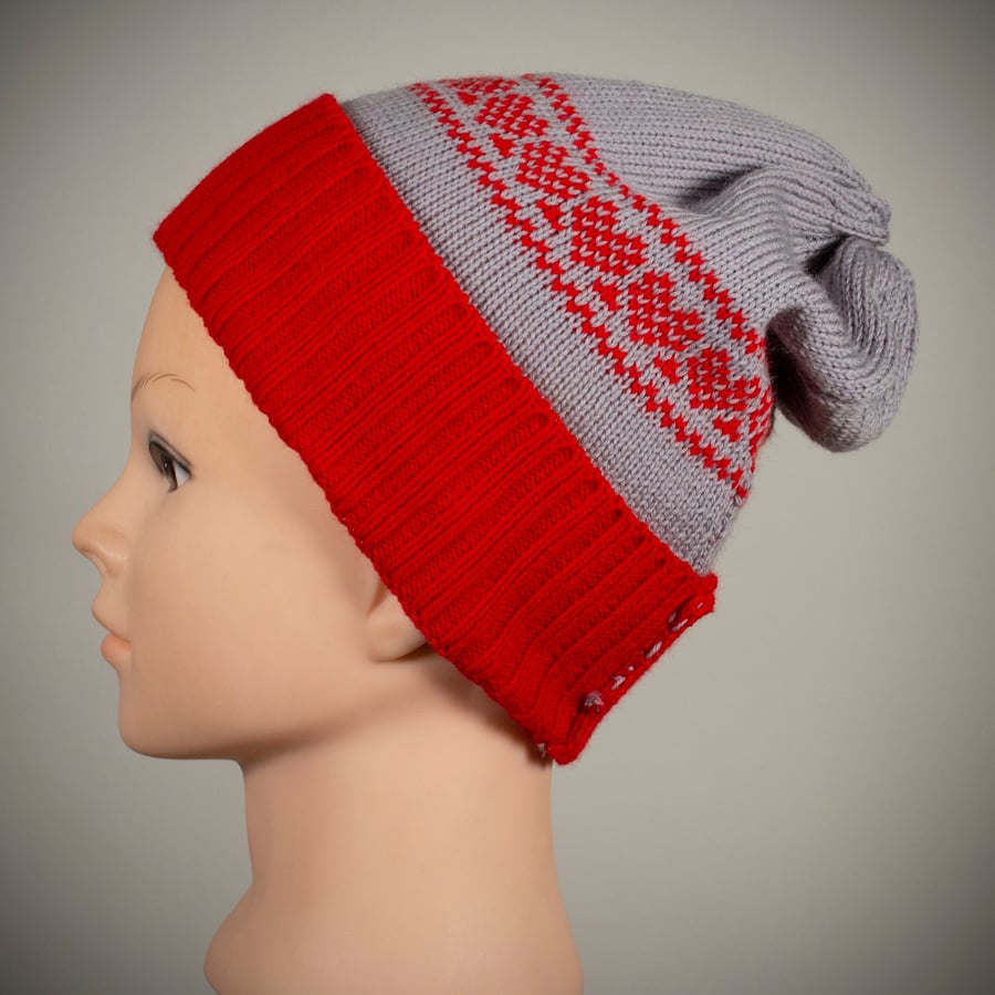 Red and Grey Hat with Heart Detail