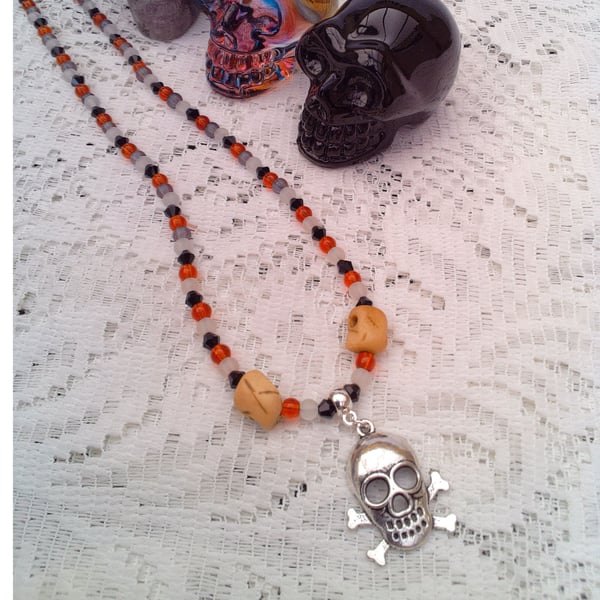 Skull & Crossbones Pendant on a Red Black and White Necklace, Halloween