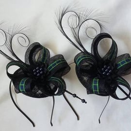 Black Sinamay Curl Feather & Tartan Scottish Fascinator Mini Hat - Made to Order