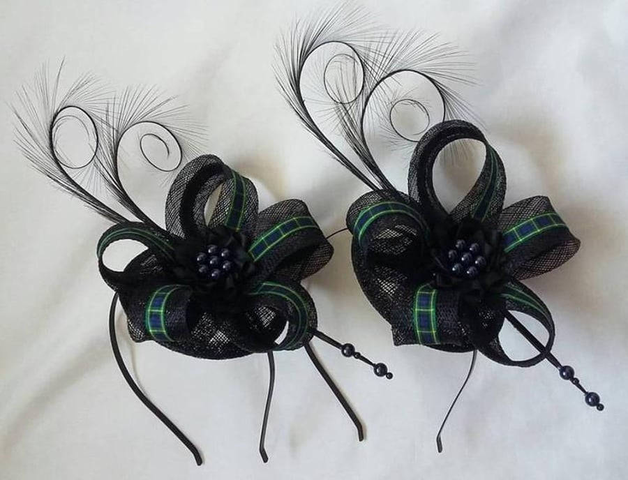Black Sinamay Curl Feather & Tartan Scottish Fascinator Mini Hat - Made to Order