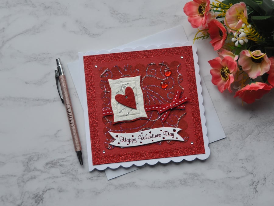 3D Luxury Handmade Card Happy Valentine's Day Red Love Heart Glitter Free Post