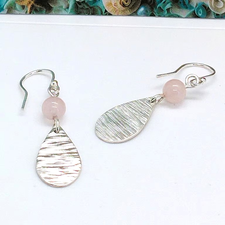 sea ripples drop earrings sterling silver teardrop rose quartz gemstone