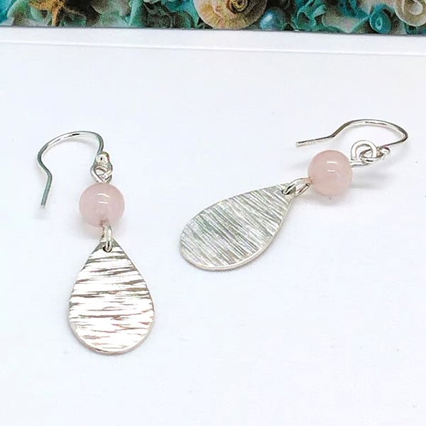 sea ripples drop earrings sterling silver teardrop rose quartz gemstone