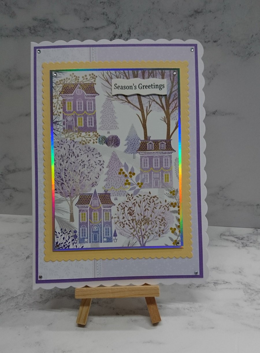 Handmade Christmas Card Vintage Town Village with Winter Trees