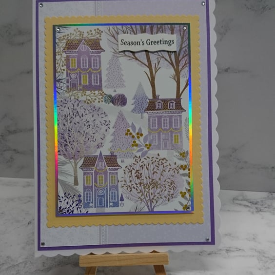 Handmade Christmas Card Vintage Town Village with Winter Trees