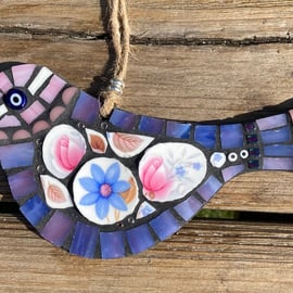 Rustic Mosaic Bird. Hanging bird made from vintage china and stained glass.