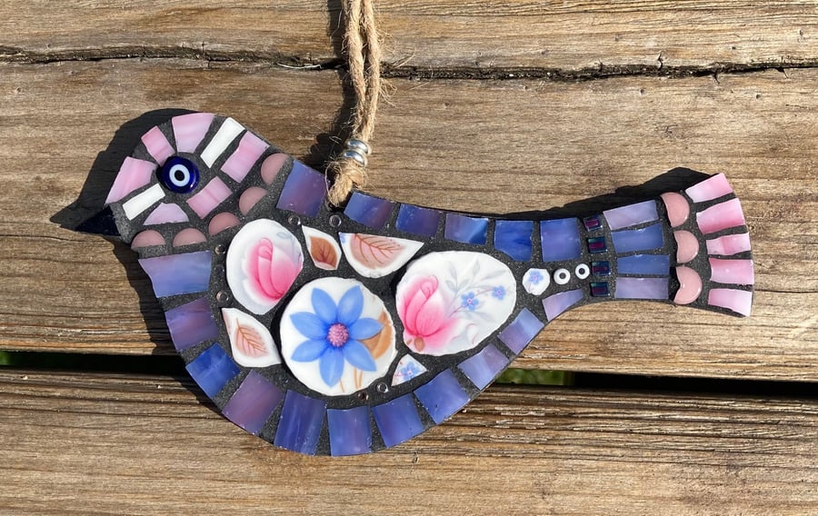 Rustic Mosaic Bird. Hanging bird made from vintage china and stained glass.