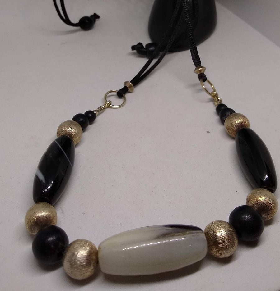 Semi Precious Stone Agate Necklace Metallic Bead -Adjustable Cord Handmade
