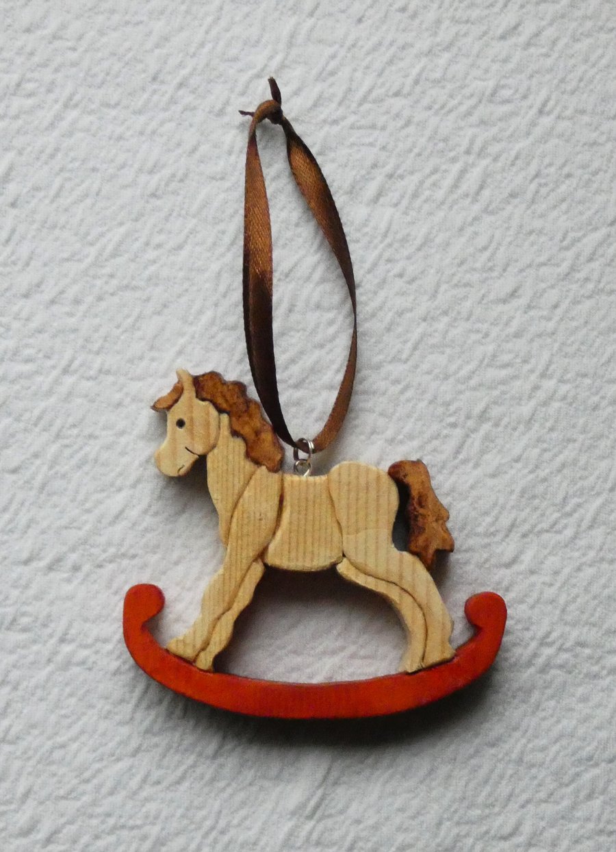 Unusual Wooden Rocking Horse Christmas Tree Ornament