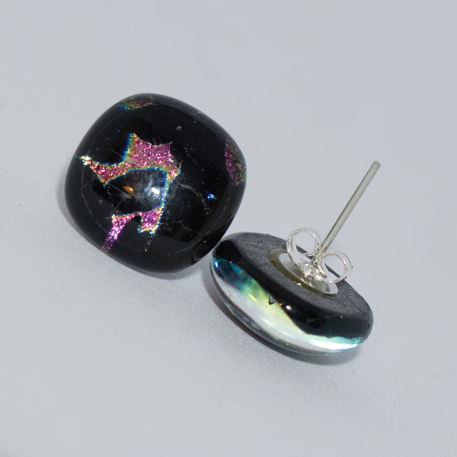 Black with Coloured Fragments Glass Earrings on Sterling Silver Studs - 2109