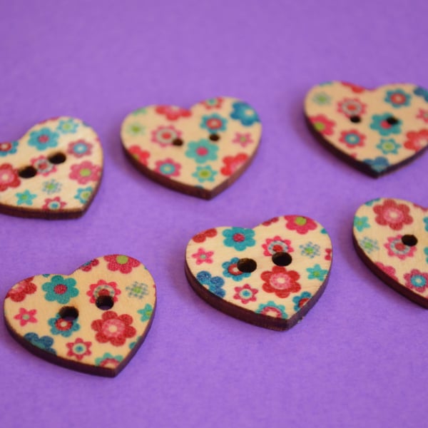 Wooden Heart Buttons Floral Retro Pink Blue Red 6pk 25x22mm (H6)