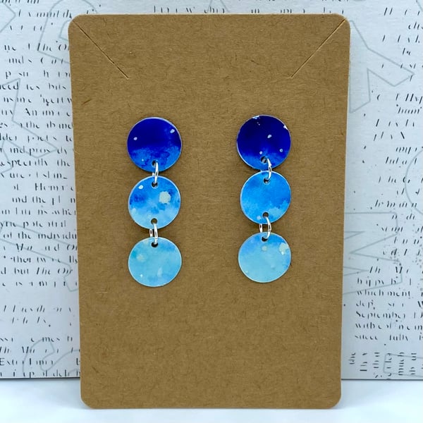 Recycled plastic blue snowfall triple circle drop stud earrings