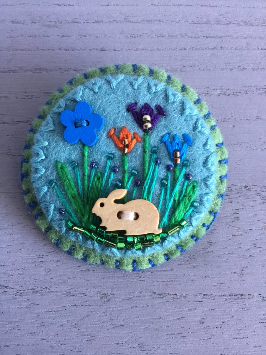 Hand Embroidered Spring Rabbit Brooch