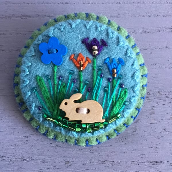 Hand Embroidered Spring Rabbit Brooch