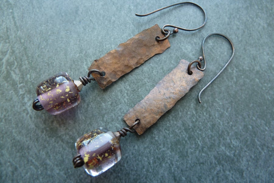 copper and gold leaf lampwork earrings