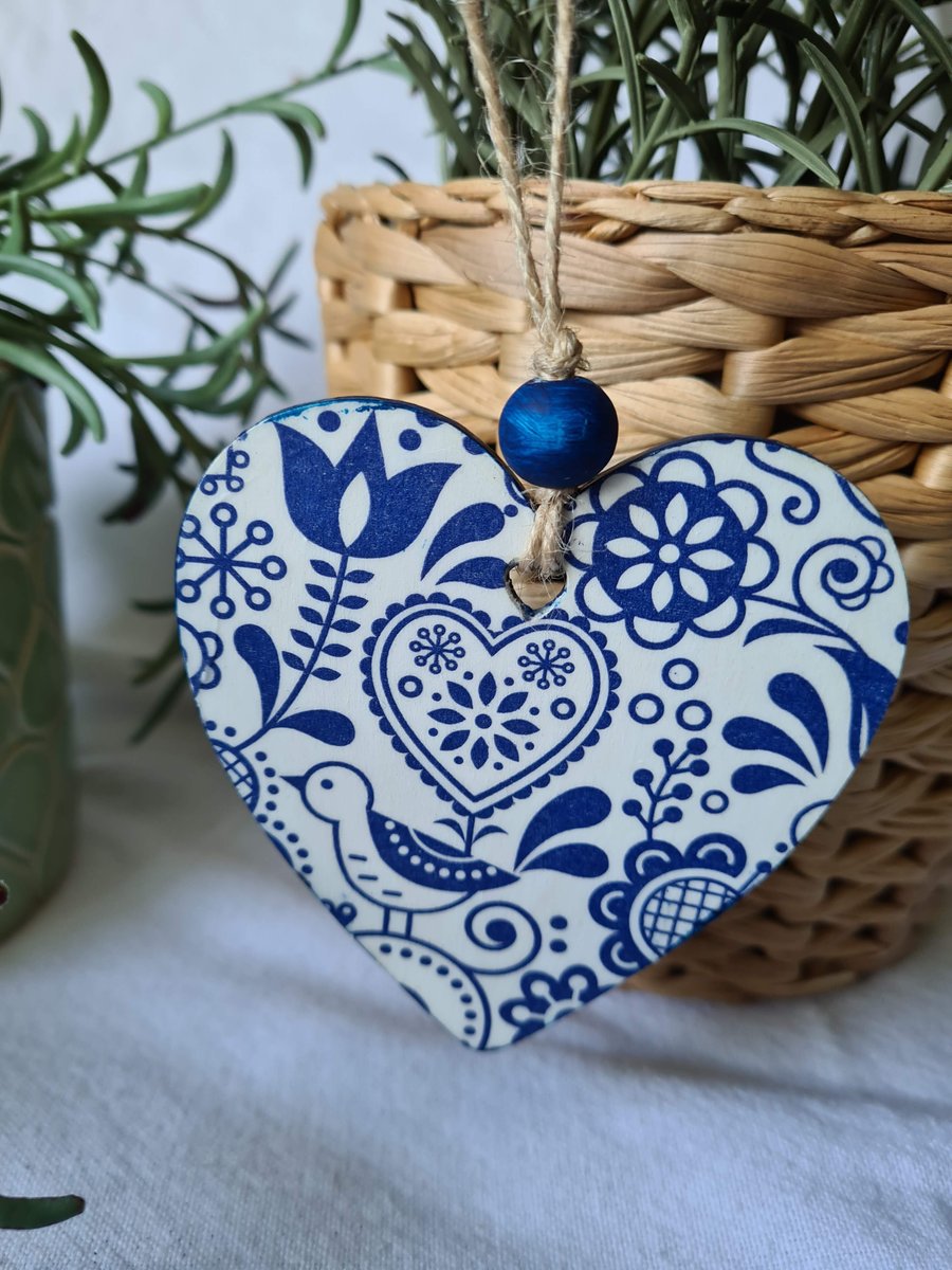 Wooden decoupage blue and white hanging decoration scandi decor letterbox gift