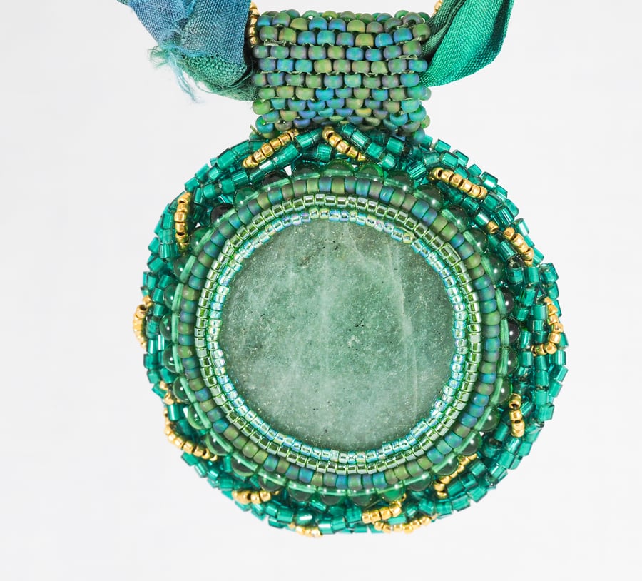 Aventurine Circular Pendant on Old Sari Fabric
