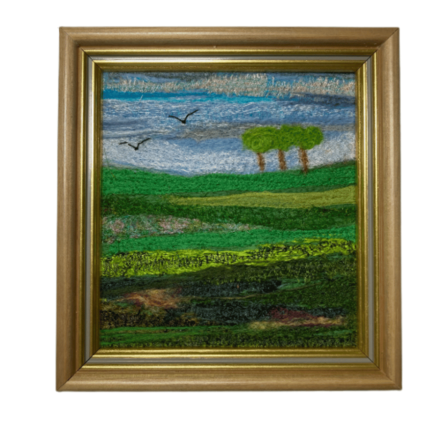 Silk textile art landscape picture, across the fields