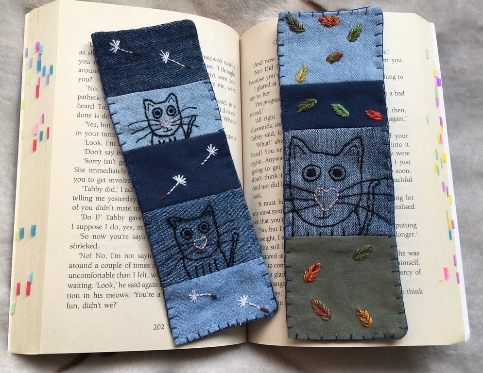 Hand Embroidered Fabric Cat Bookmark