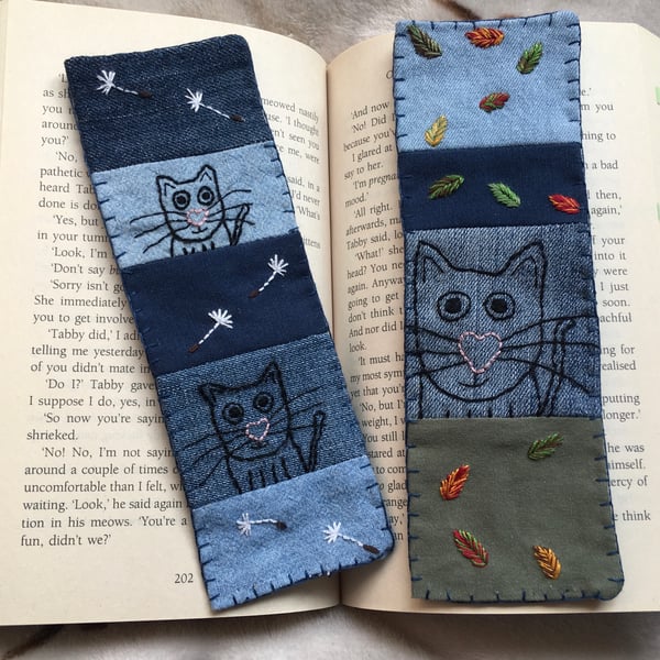 Hand Embroidered Fabric Cat Bookmark