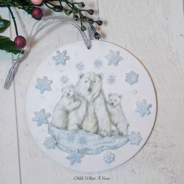 Polar bear mixed media hanging decoration. Polar bear ornament. 