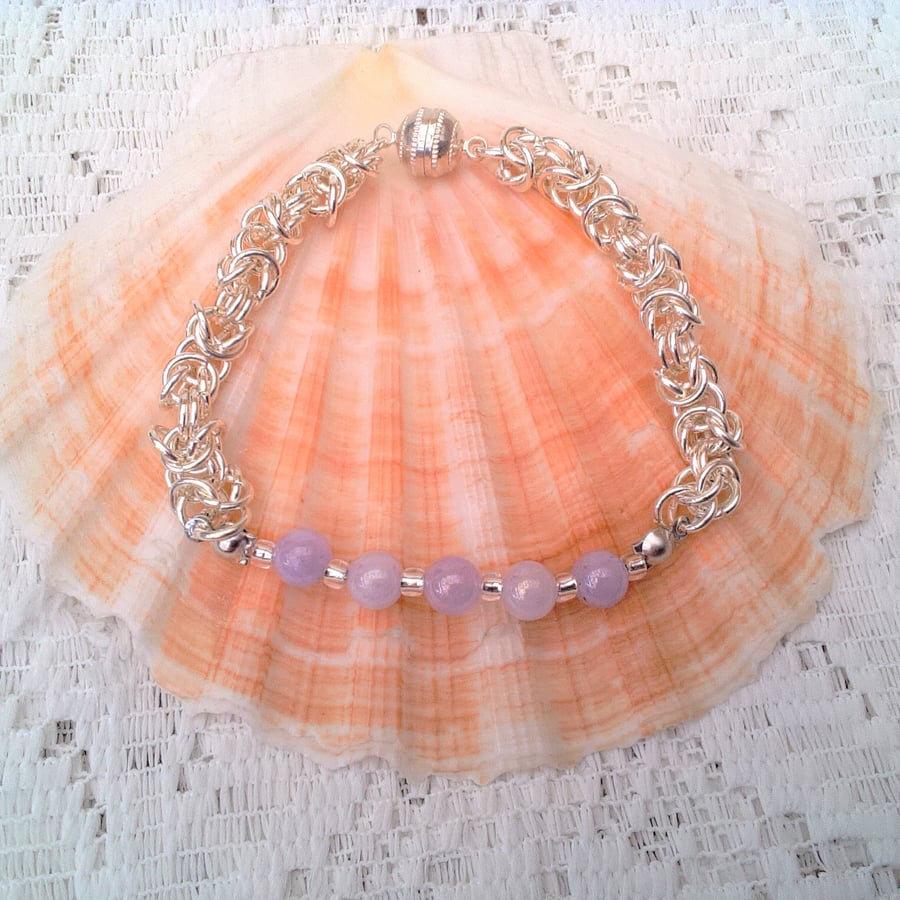 Silver Plated Byzantine Chain Maille Bracelet with Angelite Beads, Gift for Her