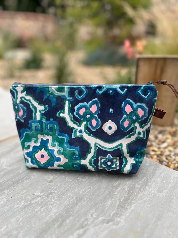 Navy teal and pink velvet large zip pouch with reclaimed linen lining
