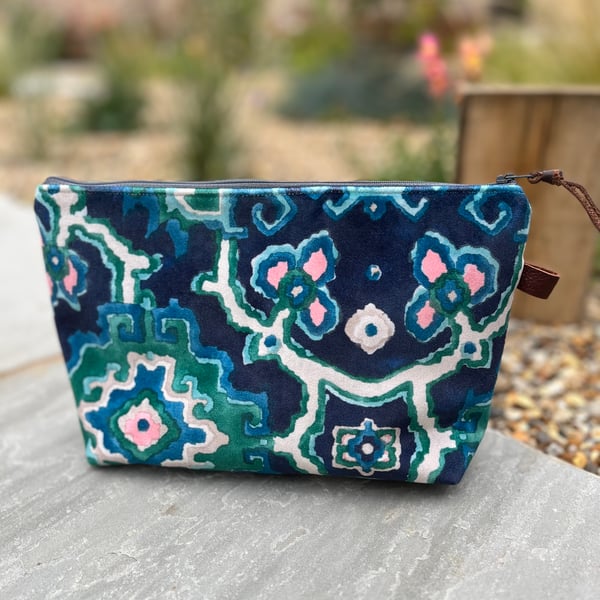 Navy teal and pink velvet large zip pouch with reclaimed linen lining