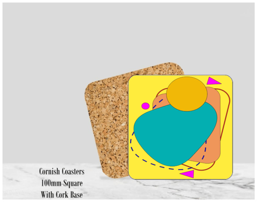 Yellow Abstract Coaster 100mm (4" ) Square With Cork Base.