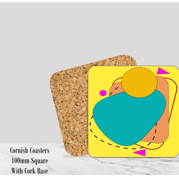 Yellow Abstract Coaster 100mm (4" ) Square With Cork Base.