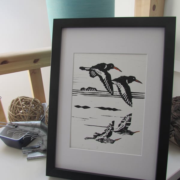 Original Hand printed linocut Oyster Catchers home decor print