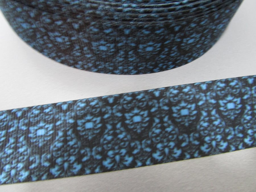 Blue and Black Damask 2.5cm Grosgrain Ribbon x 1 metre