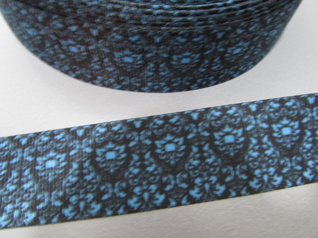Blue and Black Damask 2.5cm Grosgrain Ribbon x 1 metre