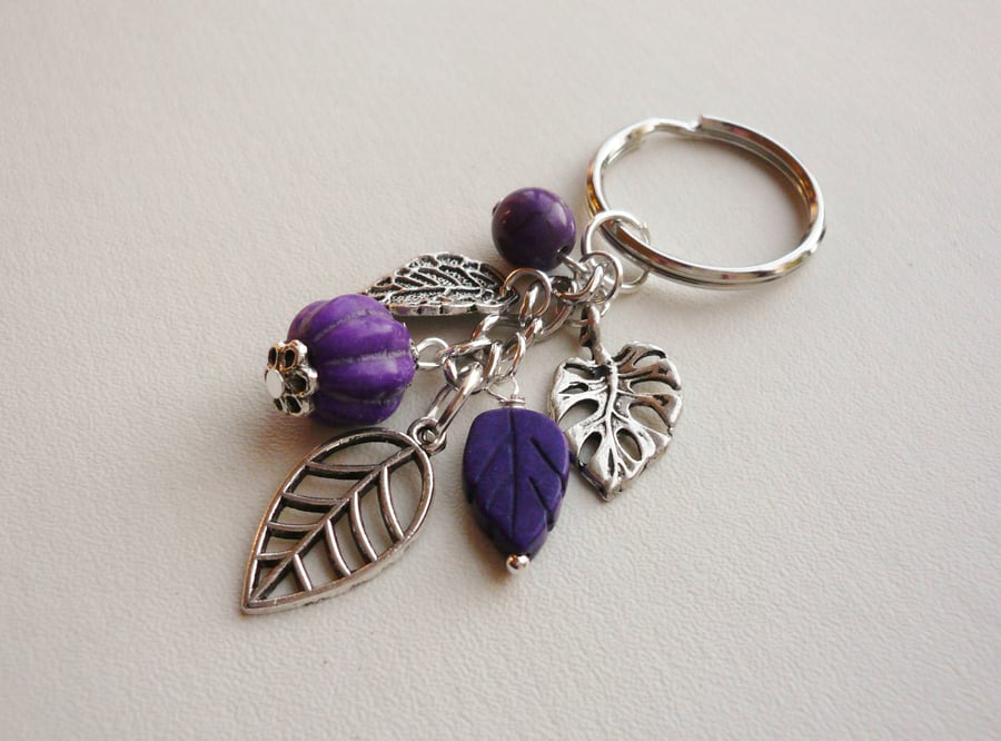 Purple Howlite and Silver Leaf Keyring  KCJ902