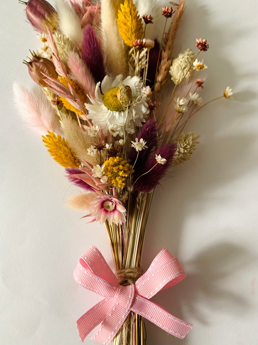 Ribbon Tied Dried Flower Posy Bouquet Mixed Pinks Burgundy Yellow Ivory Sage