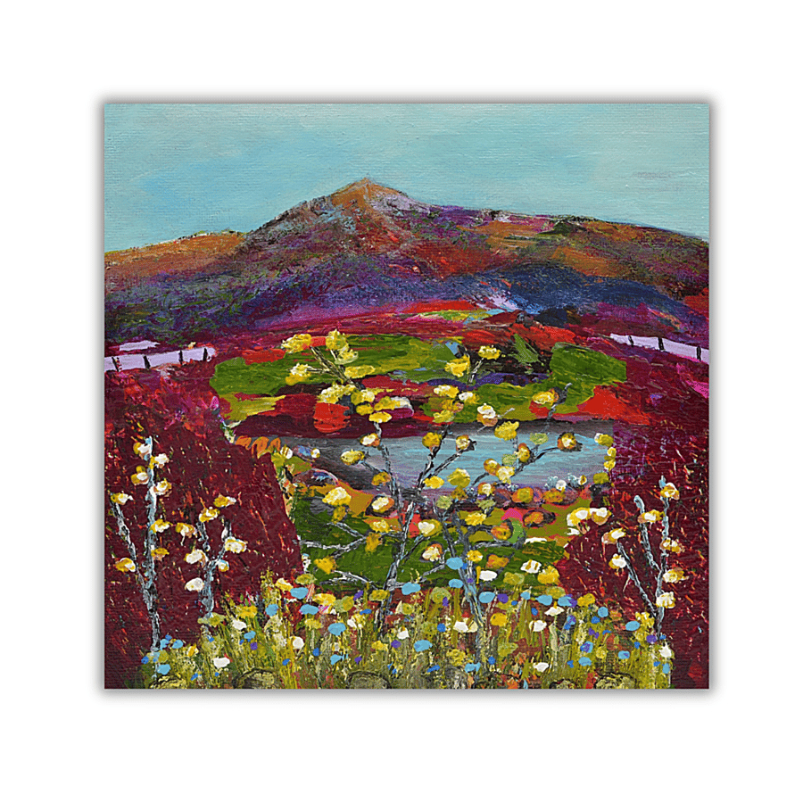 A framed original painting - Scottish landscape - heather - acrylic on canvas