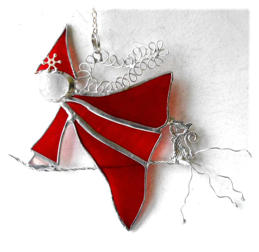 Witch on Broomstick Suncatcher Stained Glass 086 Red Elspeth