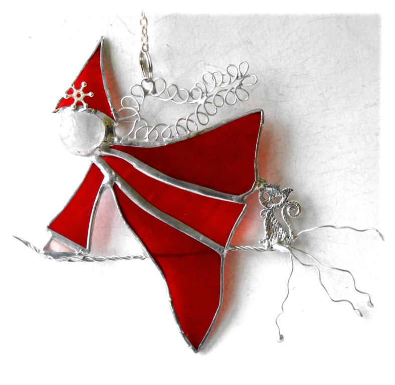 Witch on Broomstick Suncatcher Stained Glass 086 Red Elspeth