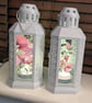 Set of two grey metal lanterns sweet peas themed with led tea light candle 