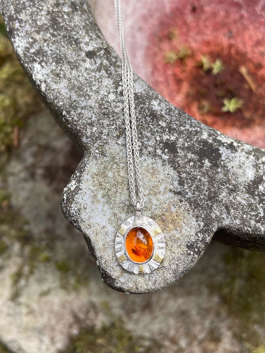 Silver gold and amber sun pendant and chain