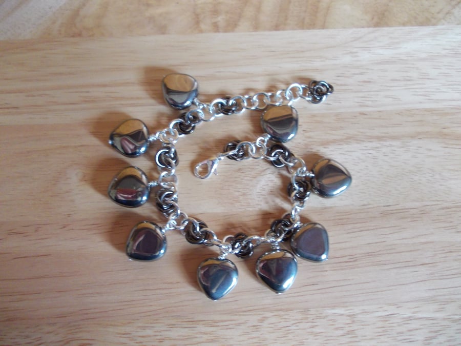 metallic silver coated agate chainmaille charm bracelet