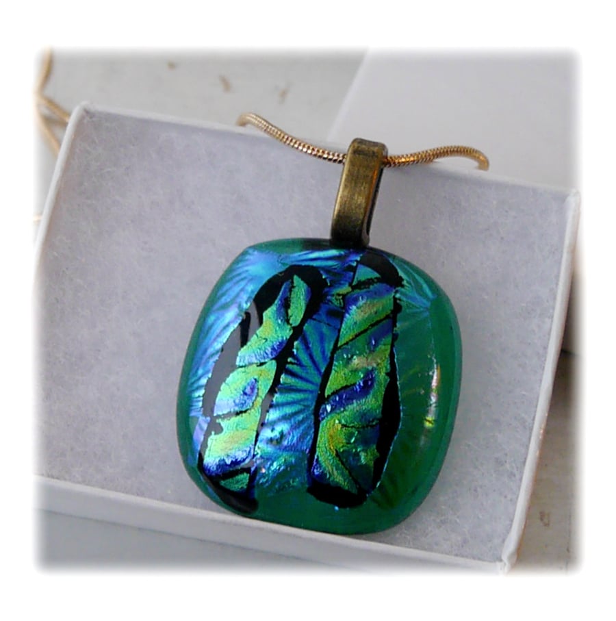 Dichroic Glass Pendant 091 Emerald Stripe Handmade with gold plated chain